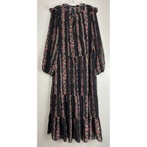 Julia Jordan Black Floral Tiered Maxi Dress Long Sleeve Ruffle Neck Sz 16 2100